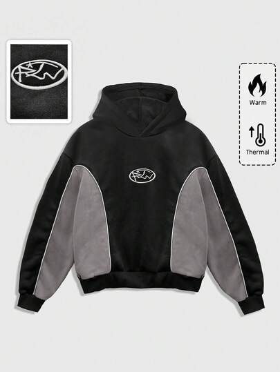 Sudadera con capucha de forro térmico con contraste de ribete bordado de moda casual para hombre, otoño/invierno