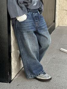 DAZY 男童宽松阔腿牛仔裤，百搭风格 - 藍色 - 查看 4