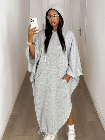 Maweii 大码秋冬时尚抽绳连帽蝙蝠袖连衣裙