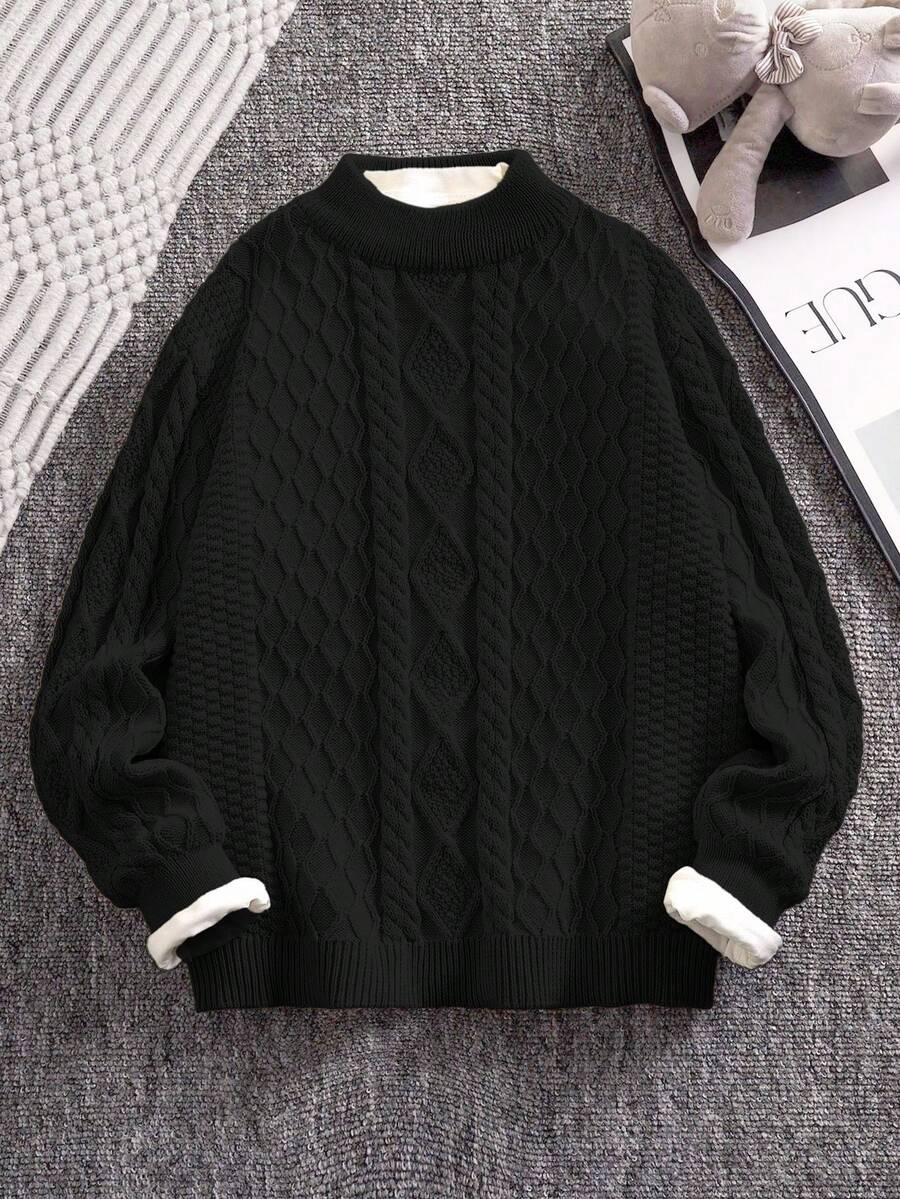 SHEIN Tween Boy Textured Crew Neck Sweater,Back-To-School Plain Black Casual School Autumn Korean Style Versatile Commute Daily Wear Suitable For Sports - Black - View 1