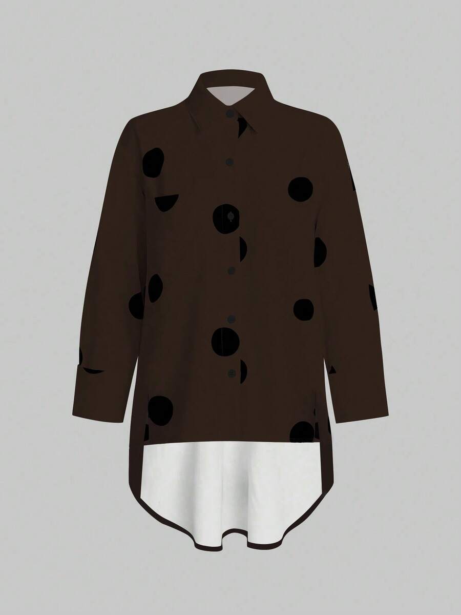 SHEIN Unity Women's Polka Dot Print Button Front Casual Long Sleeve Shirt - Brown - View 1
