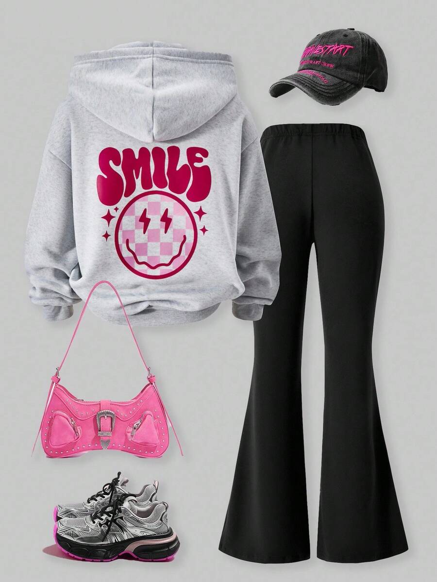 SHEIN Explorewe Streecool 儿童/青少年女孩休闲闪电和笑脸印花连帽运动衫和弹力喇叭裤两件套,秋冬 - 淺灰色 - 查看 1