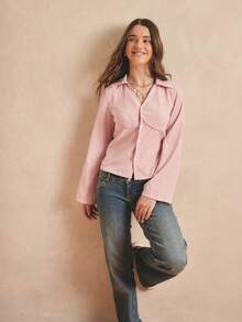 Women's Striped Shirt With Unique V-Neck Design, Front Lace Patchwork, Fitted Cut, Suitable For School, Dates, Autumn/Winter - Pink - View 5
