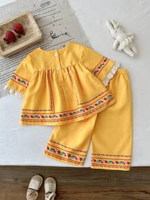 SHEIN 2pcs/Set Baby Girls' Casual Pattern Print Top And Pants Set, Suitable For Spring/Summer, Home, Outdoor, Holiday, Party, Daily Wear - Multicolor - View 2