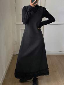DAZY Women's Solid Color Fitted V-Neck Dress With Ruffle Hem, Elegant & Formal, Autumn/Winter Maxi Dress - Grey - View 5