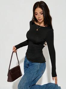 SHEIN PETITE 女士蕾丝拼接蝴蝶结露背修身长袖露肩黑色性感上衣蕾丝上衣透视上衣长袖上衣女式上衣,波西米亚风女装,黑色蕾丝上衣,Y2K风格女装,秋季服装,返校服装,外出上衣蕾丝长袖性感上衣露背上衣透视上衣 - 黑色 - 查看 5