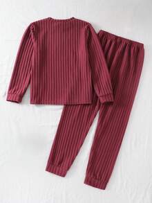 Girls' Solid Dusty Rose Ribbed Long Sleeve Pajama Set - Burgundy - View 2