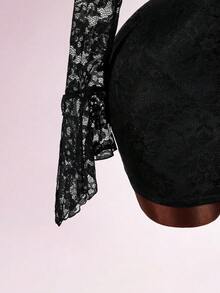 Y2K Amplova Women's Sexy Party Metallic Lace Plunging Draped Neck Mini Dress Suit, New Year Outfit, New Year Club Party Holiday Celebration Dress, Suitable For Party, Christmas, Autumn/Winter Lace Outfit Women Black Lace Bodysuit Black See Through Dress Sexy Women Clothes Lace 2 Piece Set - Black - View 8