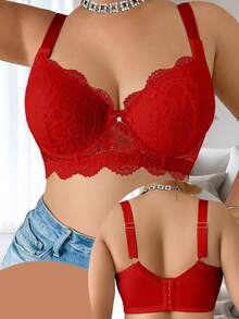 DesireSculpt 1pc Plus Size Solid Color Lace Sexy Comfortable Breathable Underwire Bra - Red - View 6