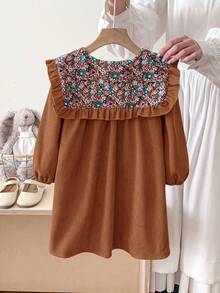 LMoss Kids 女童纯色拼接碎花彼得潘领休闲连衣裙 - 鏽棕色 - 查看 3