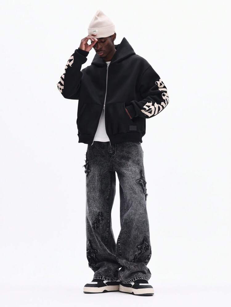 Boxy Fit Full Zip Hoodie With Sleeve Graphics