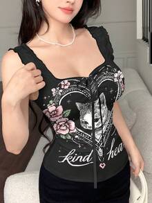 Modelyn Camiseta elástica con estampado de gato de dibujos animados con corazón de bondad y corbata de moño para mujeres - Multicolor - Ver 1