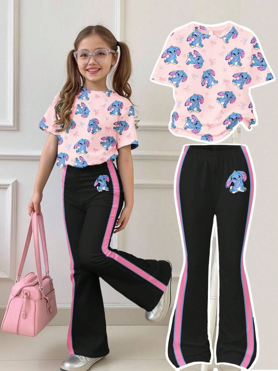 SHEIN Leap Crew 两件套,米色和黑色,可爱卡通蓝色兔子图案,粉色撞色滚边,少女休闲宽松短袖圆领T恤和喇叭裤套装,适合秋季穿着 - 白色 - 查看 1