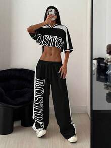 StreetHx 2pcs/Set Women's Print Color Block Cropped Top + Sweatpants Set - Black and White - View 7
