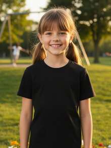Playera negra lisa para niños 100% algodón suave básicos manga corta cuello redondo - Negro - Ver 2