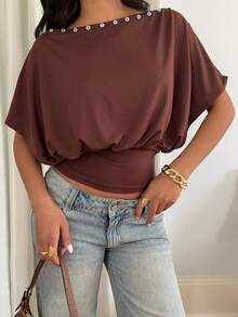 Siren Gaze Áo nữ ngắn tay thời trang màu trơn, thiết kế xếp ly, cài nút, có thể mặc theo nhiều kiểu, thích hợp đi chơi, đi biển, ngày Valentine, mùa xuân, màu nâu, phong cách Y2K, mùa hè thường ngày. - màu nâu - Xem 7