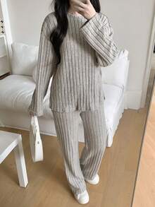 Teenage Girl Knitted Fuzzy Ribbed Crew Neck Long Sleeve T-Shirt And Pants Casual Outfit - Beige - View 5