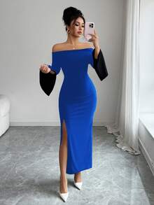 Elenzga Slit Off-Shoulder Long Sleeve Fitted Elegant Party Dress For Women, Autumn/Winter - Blue - View 7