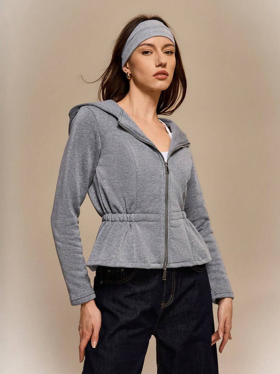 Hanevo Solid Color Raglan Sleeve Cinched Waist Zip-Up Sweatshirt For Women, In Fall/Winter - Dark Grey - View 1