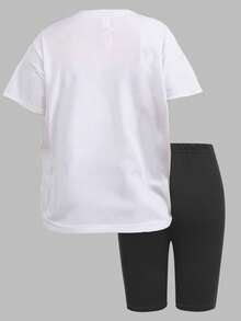 SHEIN ChillGRL 2 件套青少年女孩宽松简约 T 恤和 5 分钟速干短裤，休闲夏季运动装