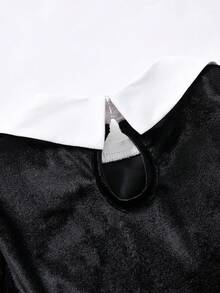 SHEIN Explorewe Tween Girl Casual Commuter School Style Color Block Gigot Sleeve Waist Cinched Dress, Autumn - Black - View 6