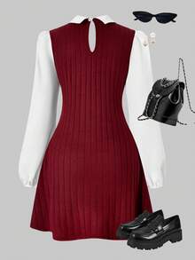 SHEIN ChillGRL Váy ngắn tay dài họa tiết chắp vá phong cách thường ngày cho bé gái tuổi teen Streecool - Màu Đỏ Sâu - Xem 2