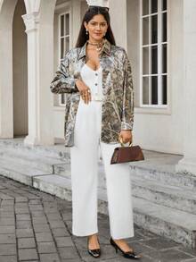 SHEIN LUNE Chemise décontractée à manches longues pour femmes grandes tailles, avec imprimé tout-sur-tout, boutons devant, poches plaquées. Idéale pour Thanksgiving, Nouvel An, l'hiver et Noël