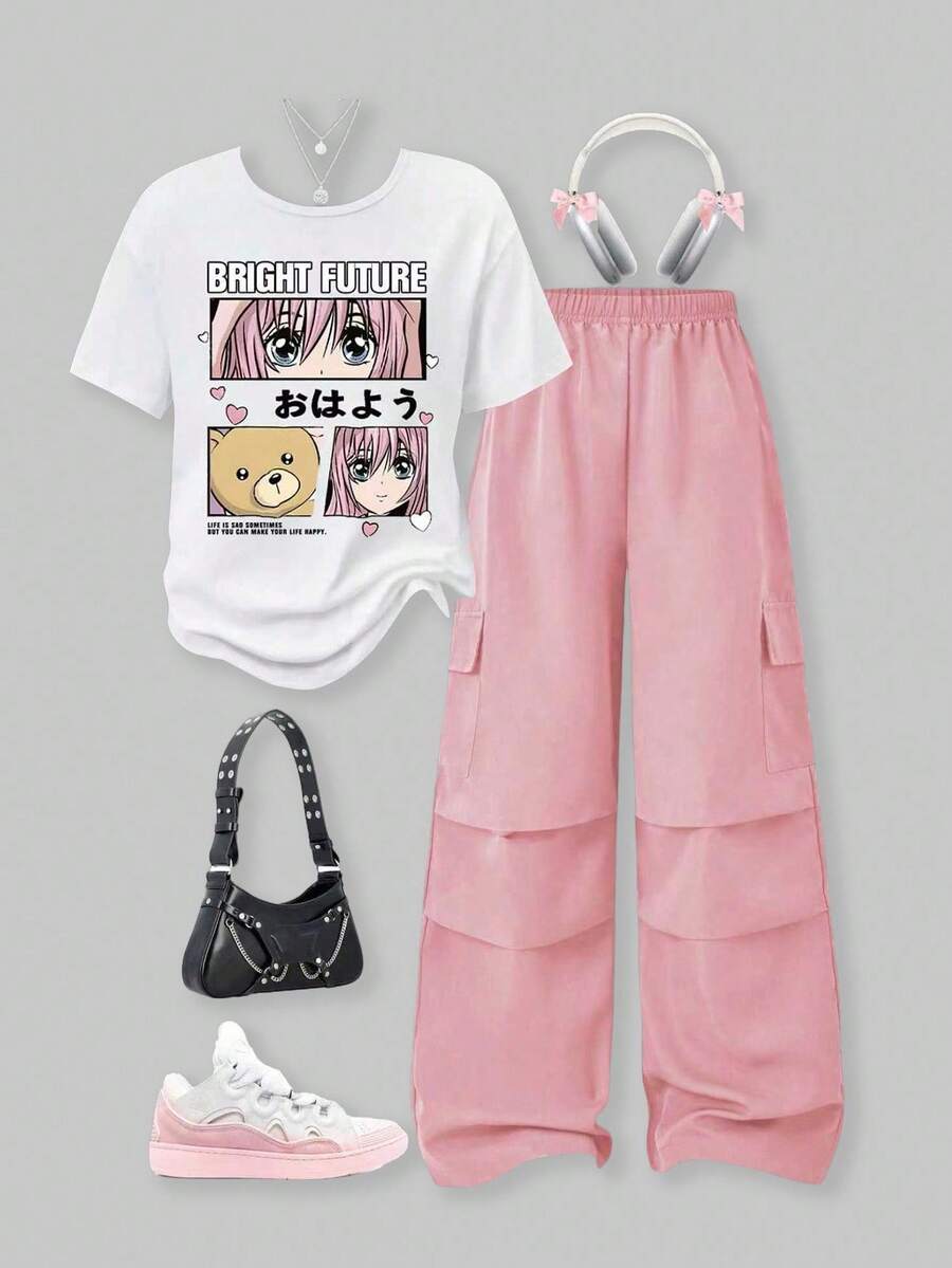 SHEIN ChillGRL 2件套少女休闲时尚卡通图案圆领短袖上衣和工装裤套装 - 彩色 - 查看 1