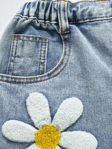 SHEIN ChillGRL Tween 女童时尚雪花刺绣阔腿水洗牛仔裤，适合春夏秋冬 - 淺色水洗藍 - 查看 3