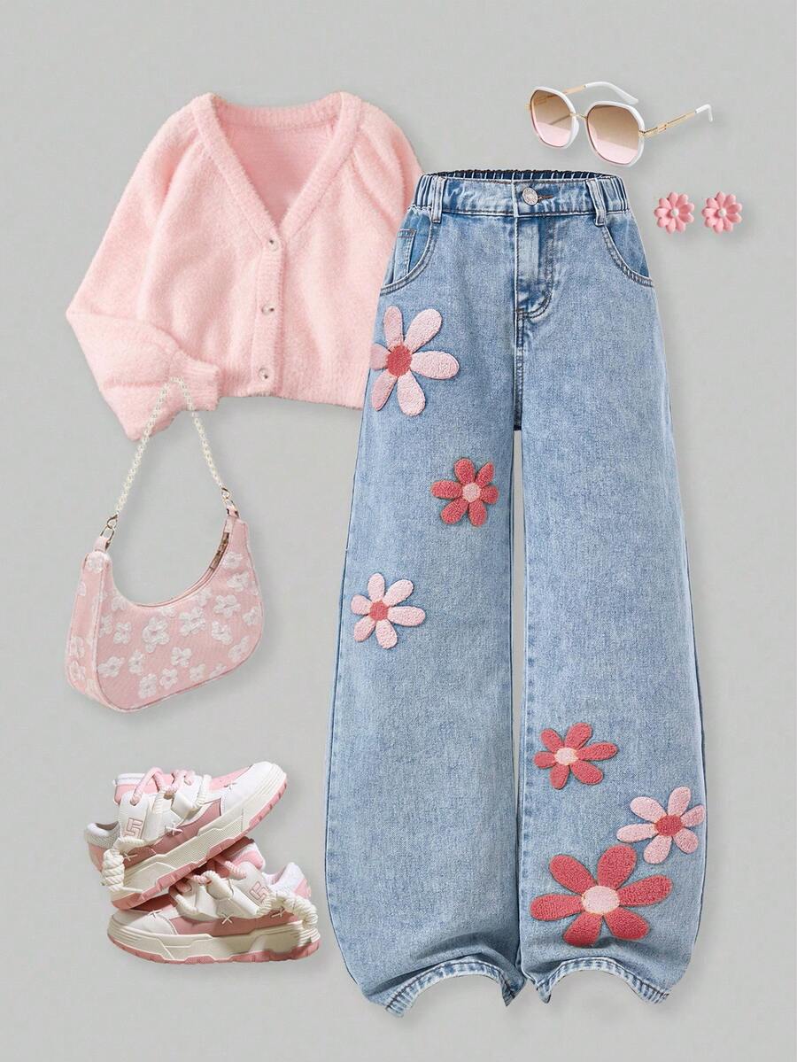 SHEIN ChillGRL Tween Girl Jeans - New Fashion Distressed Snow Wash Embroidered Wide Leg Jeans, Minimalist Style, Urban City Girl, Vintage Washed Denim Color, Y2K Academic Streetwear Casual Cute Retro, Square Button Waist Cutout, Comfortable Cotton Denim, Light Blue Denim Dress For All Seasons, Fashionable Chic Daily Wear, School, Commute, Party, Home, Back To School, Holiday, Autumn New Arrival Flower Pants Tween Jean Pants Embroidery Flower Jeans 90s Kids Girls Spring Summer Full For 1 Fall Winter