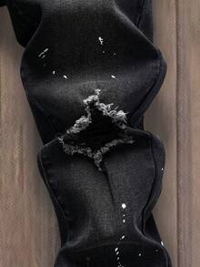 SHEIN Coolqubz Tween 男童黑色破洞泼漆弹力牛仔裤