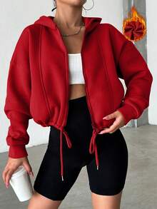 SHEIN PETITE Women's Hoodie With Front Zipper, Drawstring Hem - Red - View 6