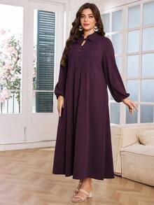 Lacomfia Đầm dài tay thắt eo thêu nút cổ khoét lỗ cho nữ cỡ lớn - Màu Đỏ Sâu - Xem 3