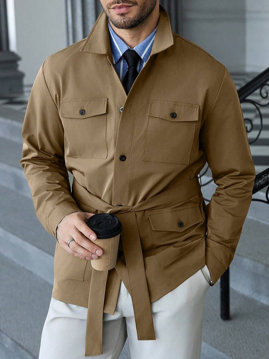 Manfinity CasualCool Herren Lässig einfarbige Klapptaschen Einreiher Windbreaker, Herren Trenchcoat für den Herbst - Khaki - Übersicht 1