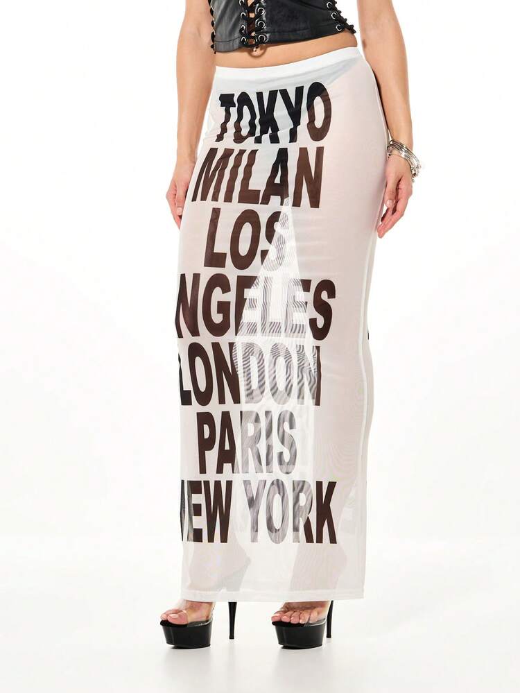SUMWON Graphic City Names Mesh Midaxi Pencil Skirt With Tokyo Milan Los Angeles London Paris New York Print Festival Summer Streetwear