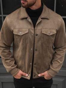 Manfinity CasualCool 男士纯色简约日常长袖麂皮夹克 - 卡其色 - 查看 5