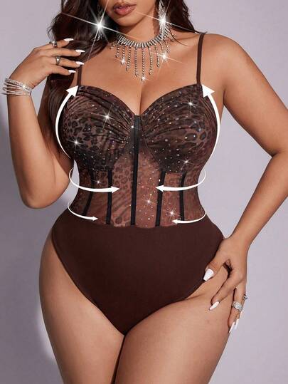 Viva Relle Plus Size Women's Sexy Elastic Mesh Sling Leopard Print Shiny Splice Elastic Bodysuit, Spring/Autumn