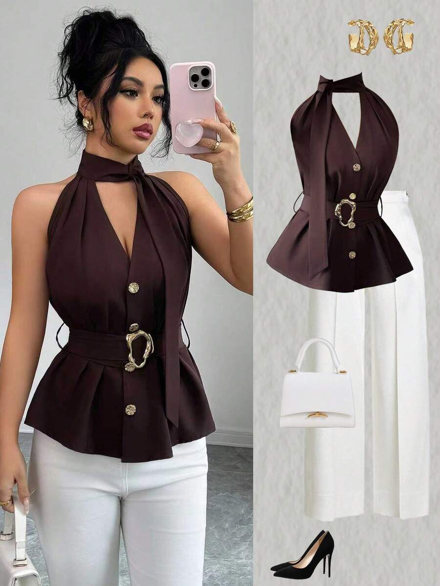 Elenzga 女士纯色褶裥镂空前扣系腰优雅无袖背心 - 棕色 - 查看 1