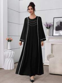 Al Najma 女士秋冬撞色褶皱优雅阿拉伯风格连衣裙 - 黑色 - 查看 7