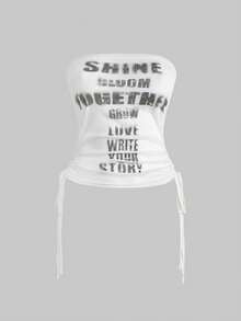 ROMWE Grunge Punk Romantic Punk Cross & Letter Print Ruched Sides Sexy Sheer Crop Top For Women - White - View 1