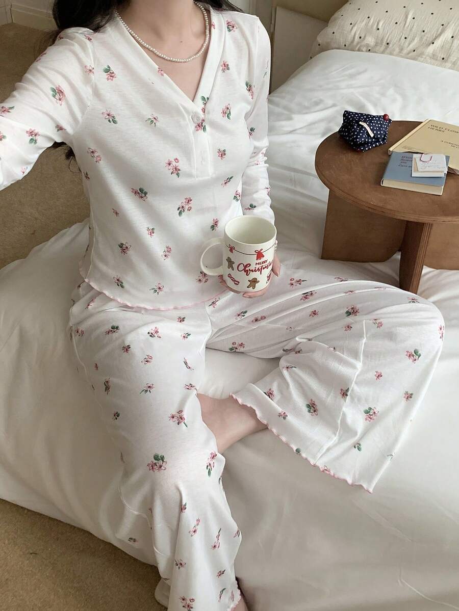 SHEIN 2件套少女碎花V领柔软舒适长袖上衣和裤子睡衣套装 - 白色 - 查看 1