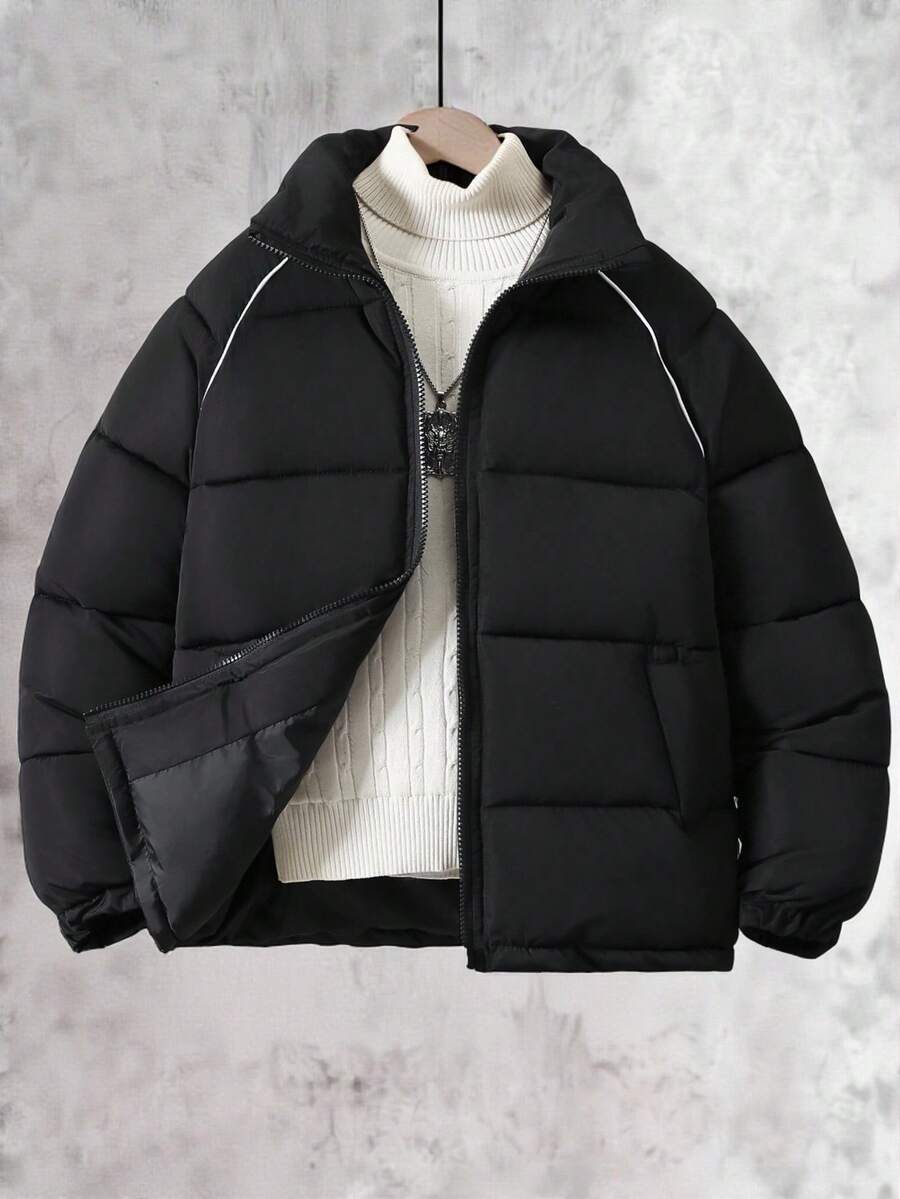 Vacaura Casual Drawstring Thick Padded Coat For Tween Boys - Black - View 1