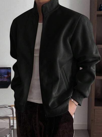 SHEIN Teen Boys' Khaki Minimalist Oversized Jacket, Casual College Style, Comfortable & Fashionable, Versatile & Practical, Soft Fabric Suitable For Daily Wear, School, Travel, Outdoor Activities Bomber Jacket Boys Plain Varsity Jacket Teen Boy Zip Up Jacket Zip Up Teen Boy Jackets