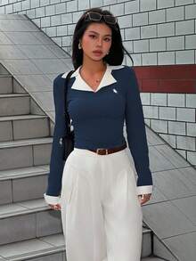 INAWLY 大码女式时尚休闲翻领长袖修身上衣 - 寶藍色 - 查看 2