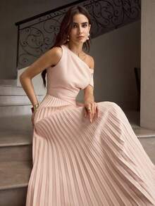 ZEYLAH Vestido plisado de hombro elegante para oficina de mujer - Rosa - Ver 1