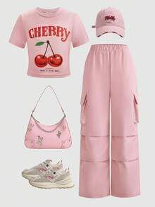 SHEIN ChillGRL 2件套（女童）樱桃印花短款T恤和工装裤套装 - 粉色 - 查看 9