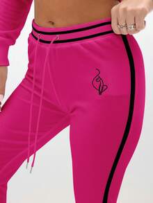 BABYPHAT Quần thể thao nữ ôm vừa vặn bằng nhung có viền tương phản, cạp chun, sọc hai bên, quần dài thể thao thường ngày - Màu Hồng Tươi - Xem 8