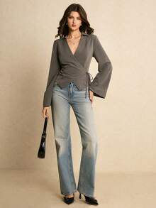 Poéselle 女士休闲通勤条纹裹身系带喇叭袖衬衫，优雅女士衬衫，女士休闲衬衫，女士休闲装，新年必备，适合日常穿着、外出、秋冬通勤 - 灰色 - 查看 3