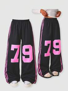 SHEIN ChillGRL Tween 女童休闲宽松街头风格数字边缘条纹印花裤，适合日常通勤、休闲、度假、与朋友聚会、春夏季 - 黑色 - 查看 1