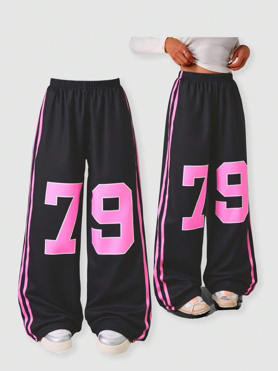 SHEIN ChillGRL Tween 女童休闲宽松街头风格数字边缘条纹印花裤，适合日常通勤、休闲、度假、与朋友聚会、春夏季 - 黑色 - 查看 1